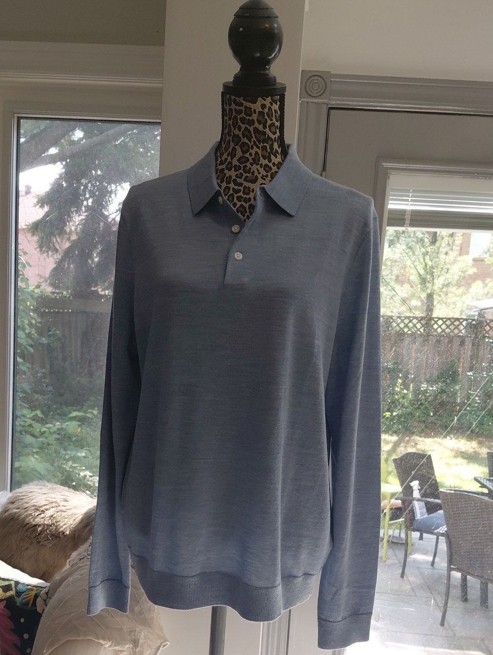 100% Merino WoolMen's Long-Sleeve Polo in Heather Light Blue